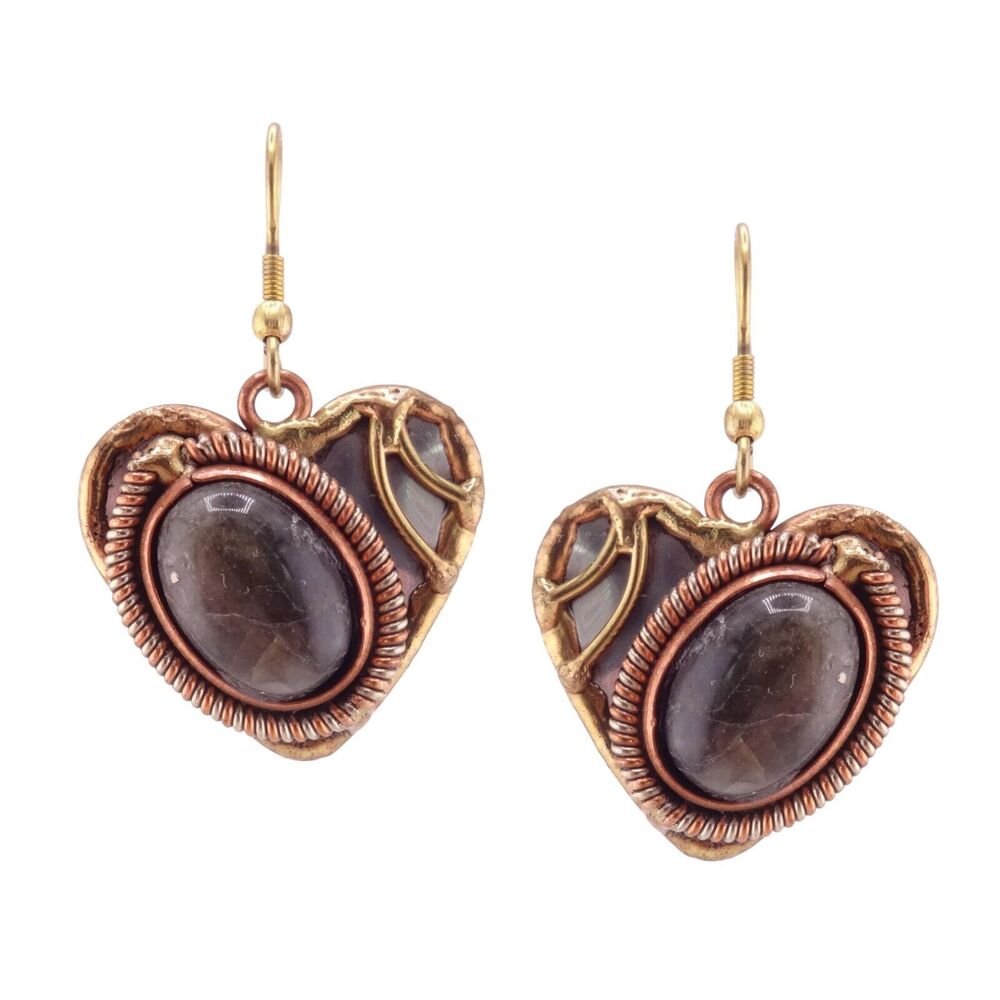 Anju Green Oval Mineral Stone Mixed Metals Heart Goldtone Hook Earrings - NEW